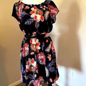 Black multi-color mini dress with adjustable neckline